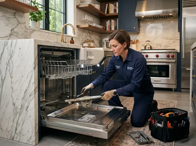 Appliance Repair Hero technician servicing a built-in dishwasher in a Bellville, TX kitchen