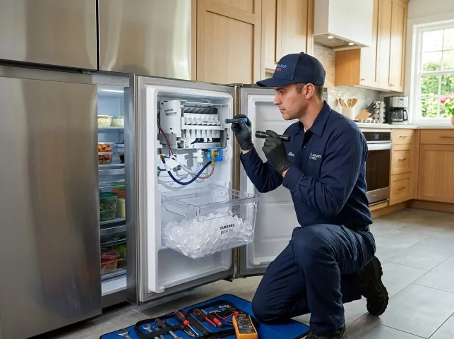 Appliance Repair Hero technician repairing a refrigerator ice maker in Bellville, TX