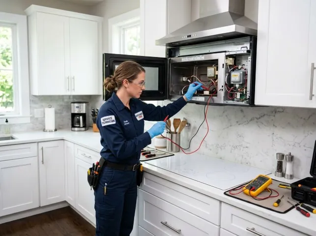 Appliance Repair Hero technician testing an over-the-range microwave in a Bellville, TX kitchen