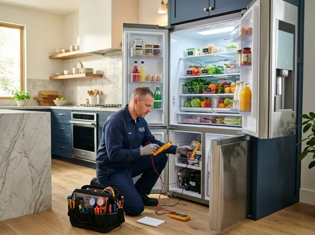 Appliance Repair Hero refrigerator technician testing a fridge on a Bellville, TX service call